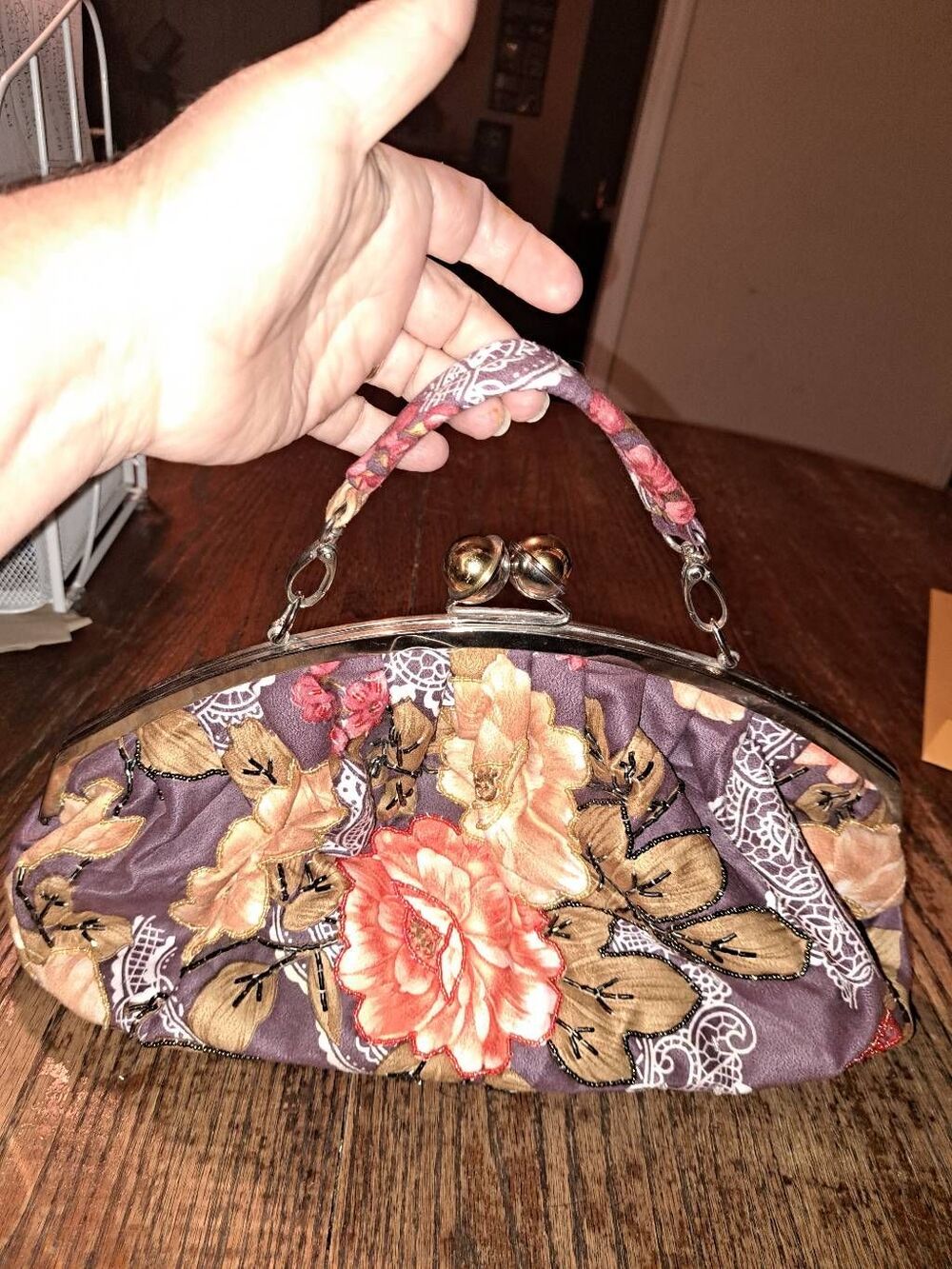 Vintage Floral Beaded Lace Embellished Handbag Purse Tote 10in